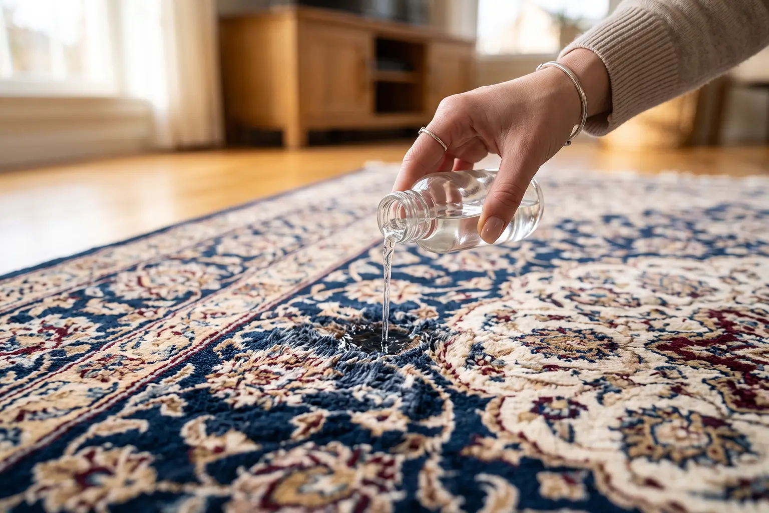 ریختن مواد شوینده استاندارد روی فرش برای جلوگیری از سفت شدن الیاف